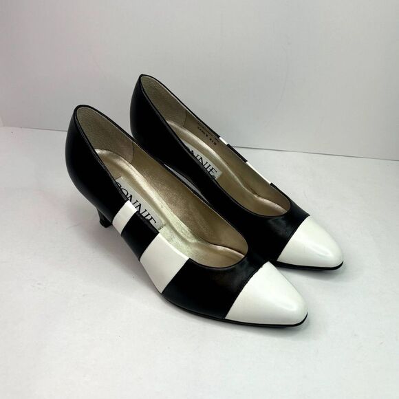 Connie Italian Leather White Cap Heel Pumps Black White Comfy Womens Designer - Picture 1 of 10